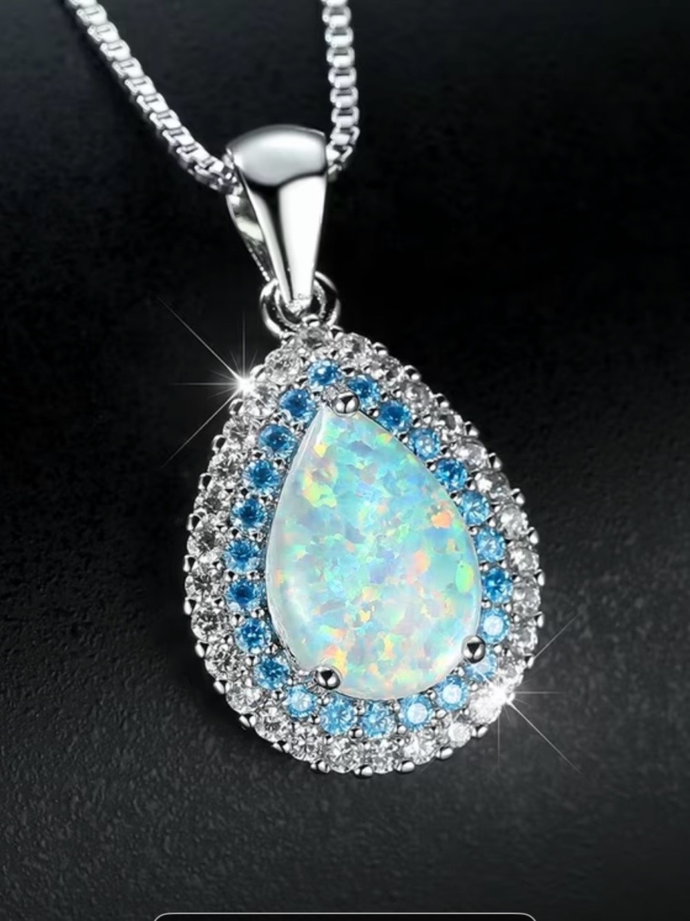 Sterling Teardrop Opal Pendant Necklace in Blue and White